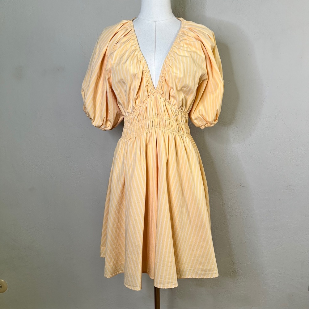 Wilfred Dress Aritzia Mason Poplin Size Medium Yellow Striped Puff Sleeve Cotton